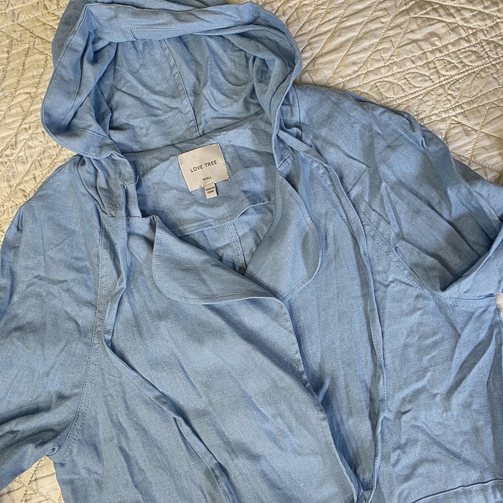 Love Tree Women's Small Blue Linen Blend Hooded Jacket Coastal Grandmother